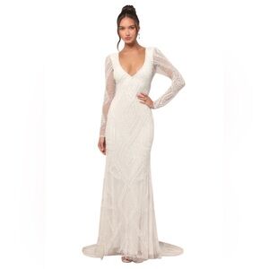 Lulus Deedra White Sequin Beaded Backless Maxi Dress Luxe Bridal Size Medium